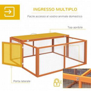 Conigliera da Esterno Pieghevole per 2-3 Roditori con Ingressi Multipli 110x105x50 cm in Legno e Acciaio Arancione