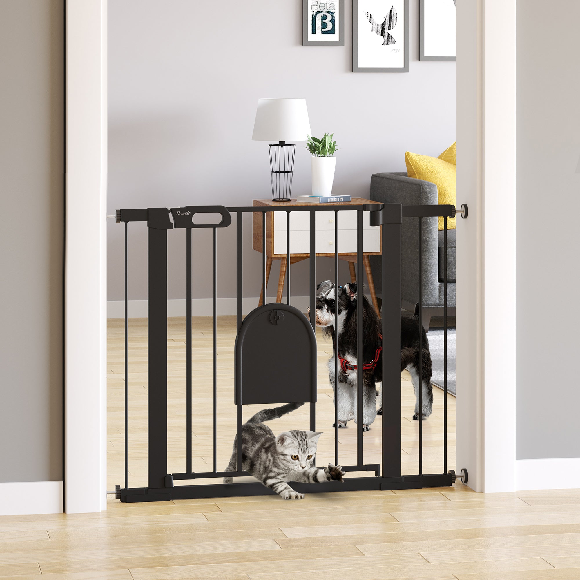 Cancelletto di Sicurezza per Cani con Porta Piccola Regolabile e Chiusura Automatica 75-103x76 cm Nero