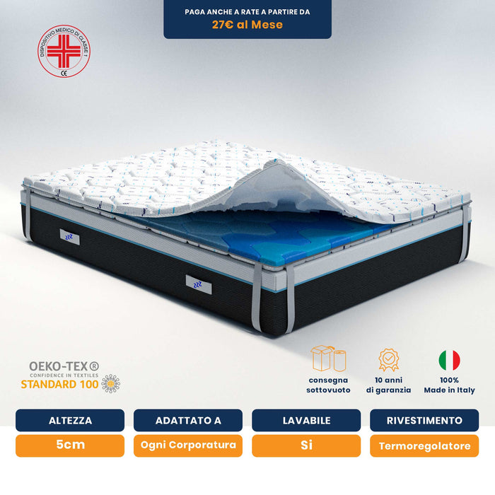 Topper una piazza e mezza in memory TERMOREGOLATORE 100x190cm, Memory foam alto 5 cm, rinfrescante, antisudorazione, lavabile, detraibile