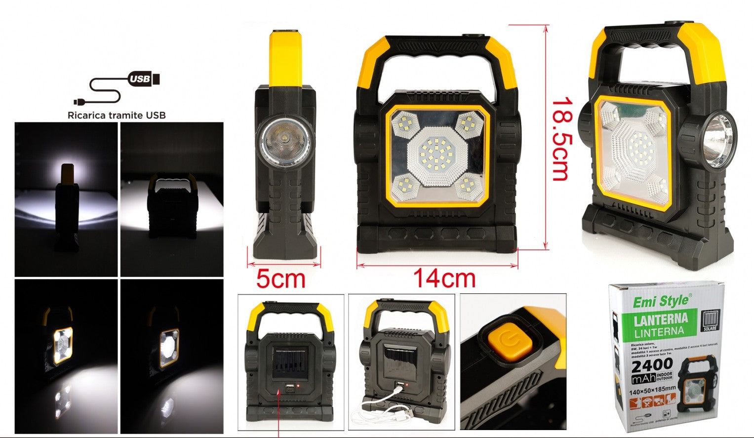 Torcia Led Solare Lanterna da Campeggio Ricaricabile USB e Solare 8W Batteria 2400mAh