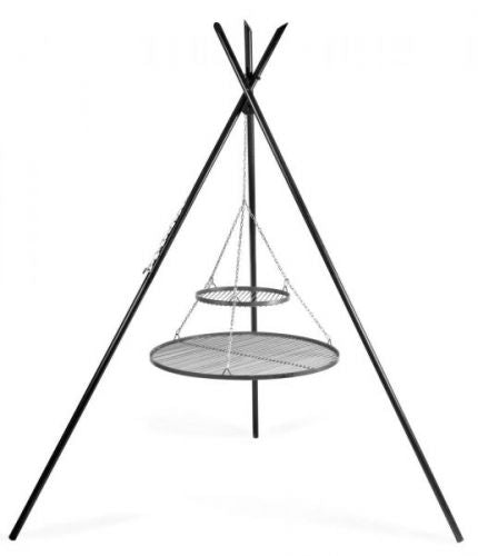 Barbecue Treppiede &ldquo;TIPI&rdquo; da 210 cm con 2 Griglie in Acciaio Naturale 70 cm + 40 cm