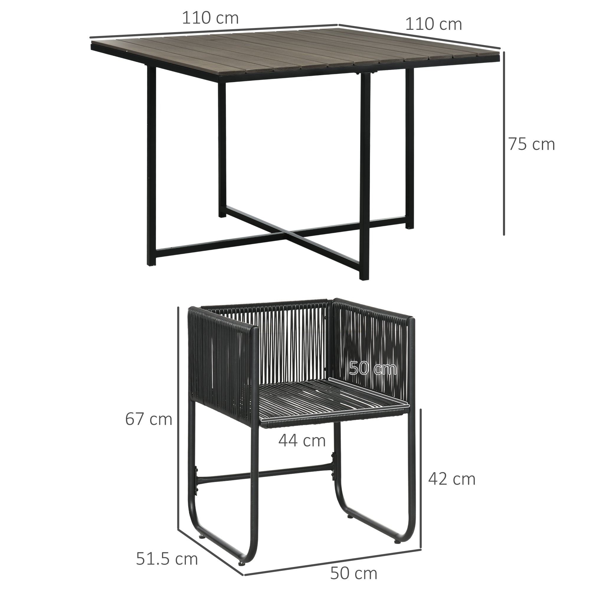 Set Tavolo e 4 Sedie da Giardino con Cuscini in Rattan PE e Acciaio Nero e Grigio