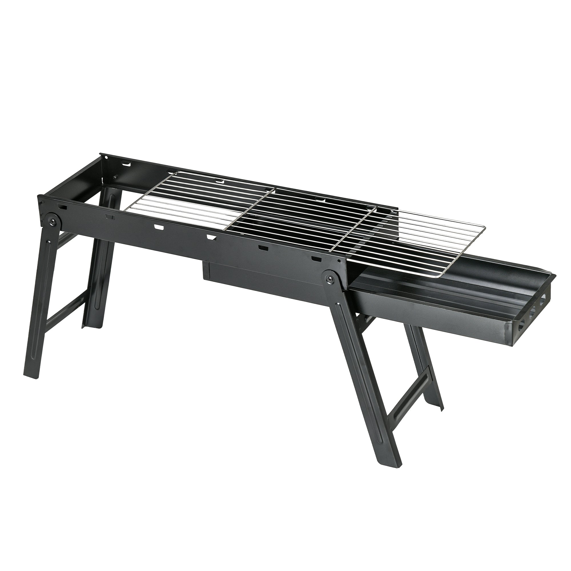 Barbecue a Carbonella Portatile con Gambe Pieghevoli e Vassoio Estraibile 74x20x38 cm in Metallo Nero