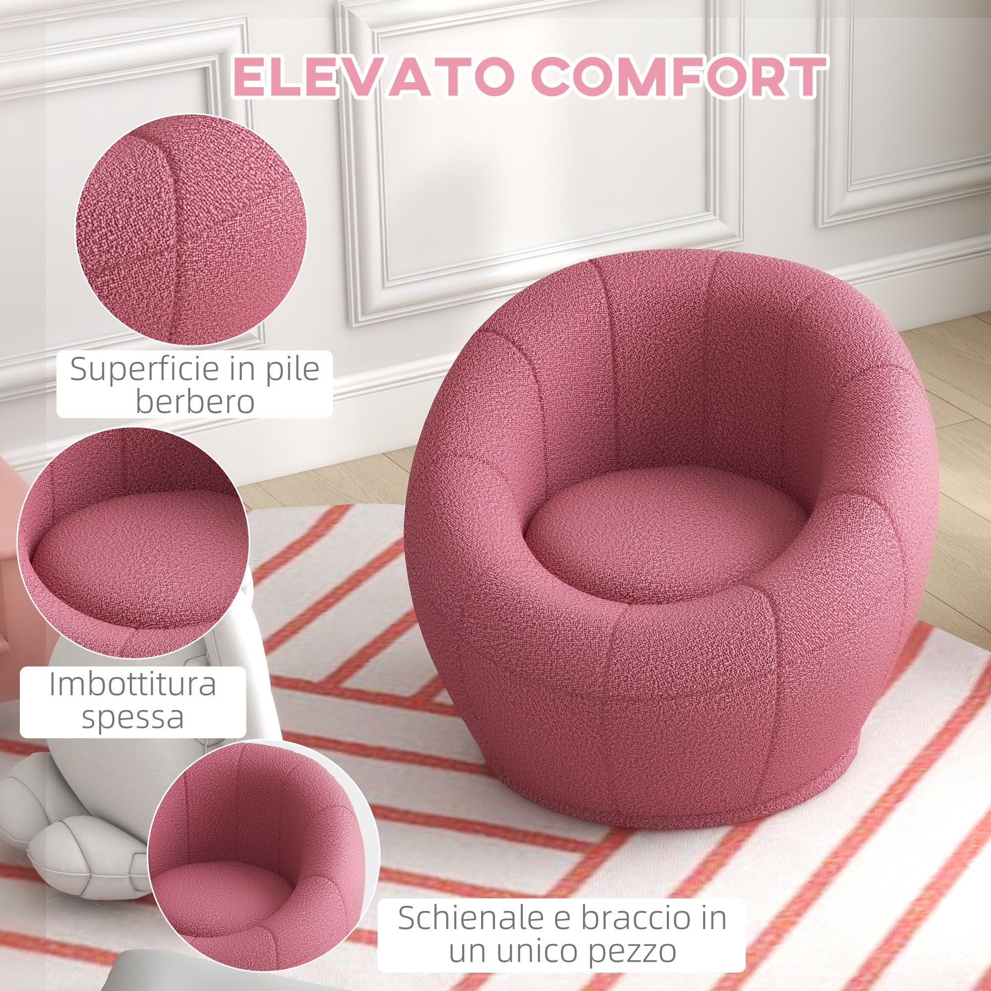 Poltroncina Mini Moderna con Imbottitura Spessa 60x56x48 cm in Peluche Rosa