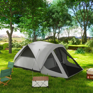 Tenda da Campeggio 4 Posti Impermeabile con Zona Notte e Zona Giorno 430x300x190 cm in Poliestere Grigio