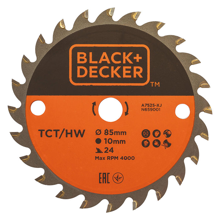 LAMA TCT PER MINI SEGA CIRCOLARE 'A7525-XJ' Ã¸ 85 mm foro 10 mm - 24 denti BLACK DECKER