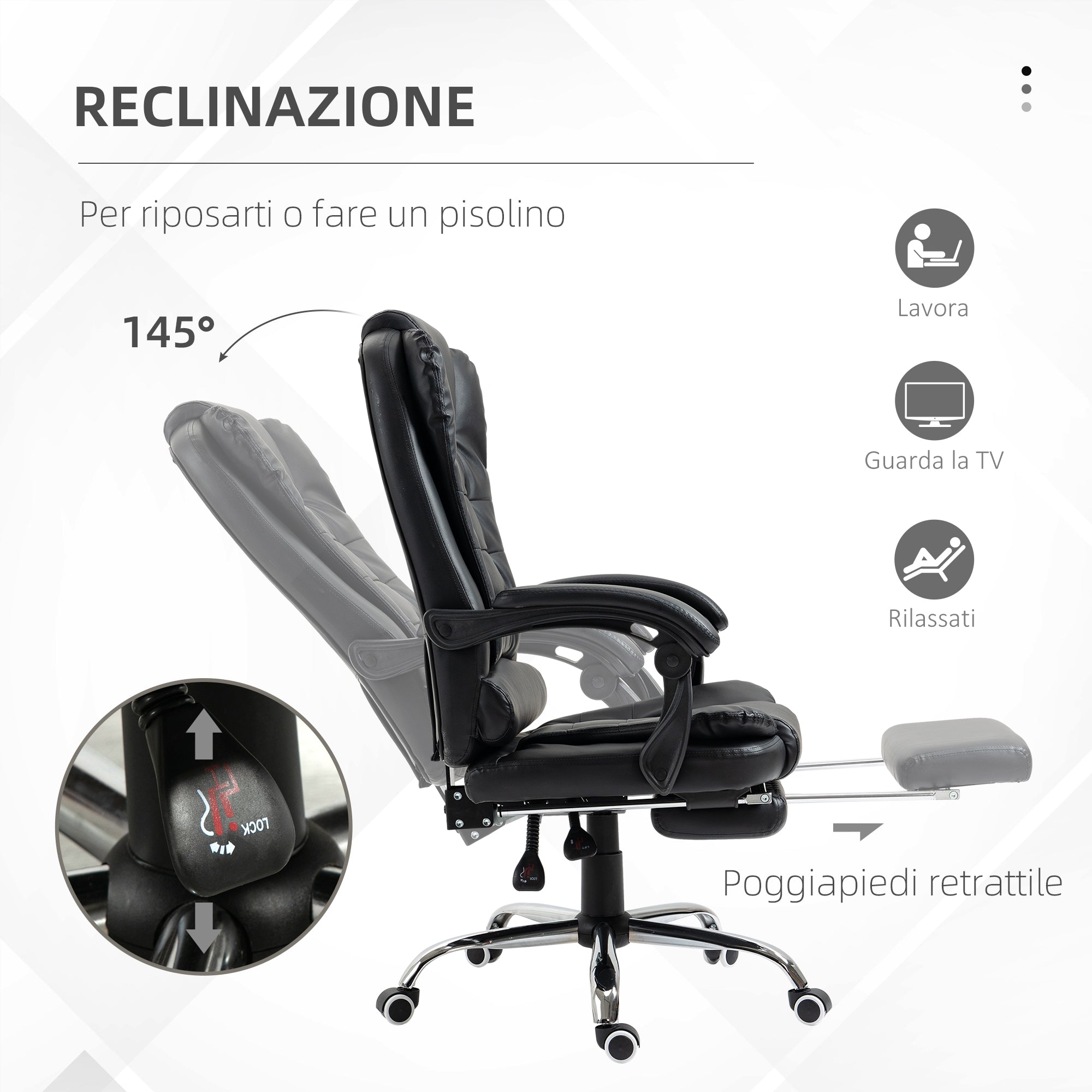 Sedia Poltrona da Ufficio Presidenziale 64,5x69x117-127 cm in Similpelle Nero