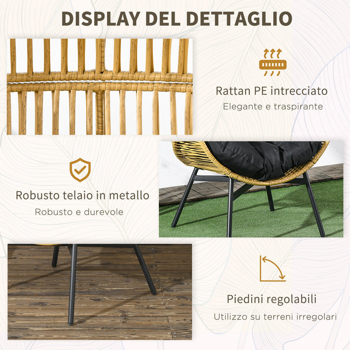 Poltrona da Giardino a Uovo con Poggiatesta e Cuscini per Seduta 89x75x143 cm in Rattan e Acciaio Sabbia e Nero