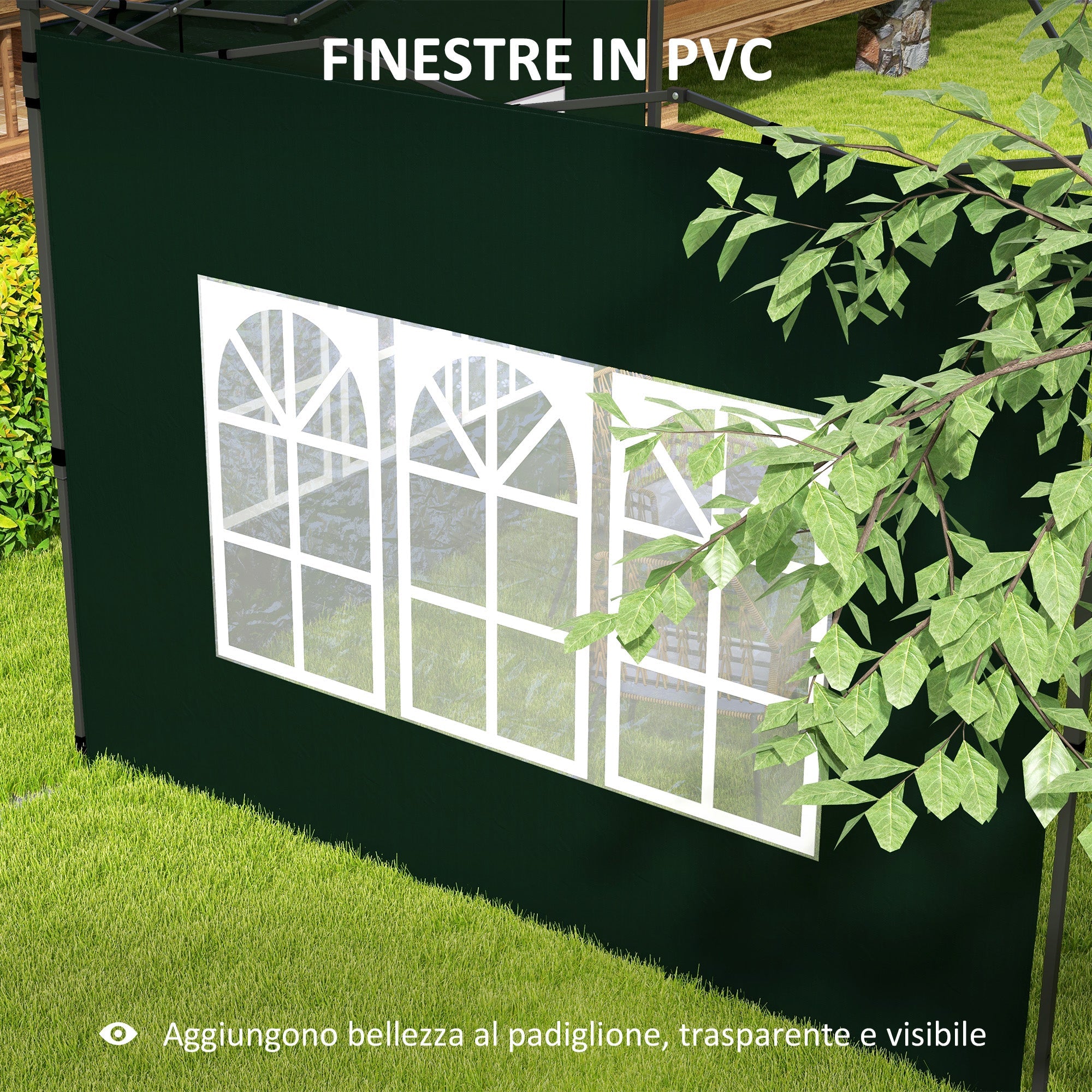 Set 2 Pareti Laterali per Gazebo 3x3m e 3x6m con Finestre 293x193 cm in PE e Plastica Verde