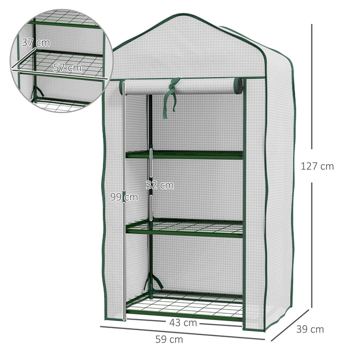 Mini Serra da Giardino con Copertura in PE 59x39x127cm 3 Ripiani e Porta Avvolgibile Bianco