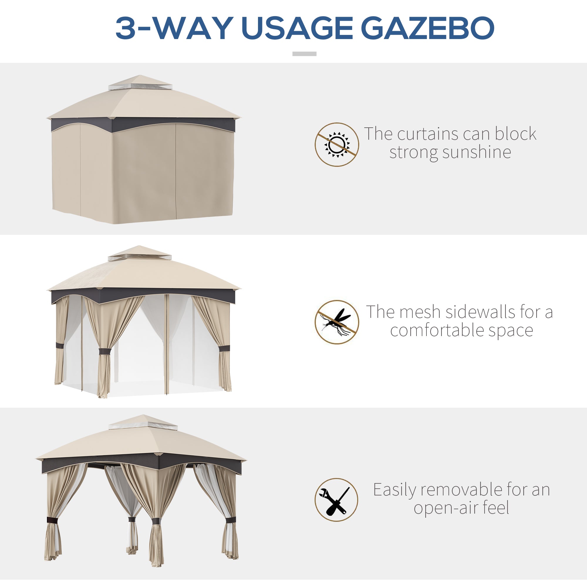 Gazebo da Giardino 3x3m con Tende e Zanzariere in Acciaio Beige e Grigio