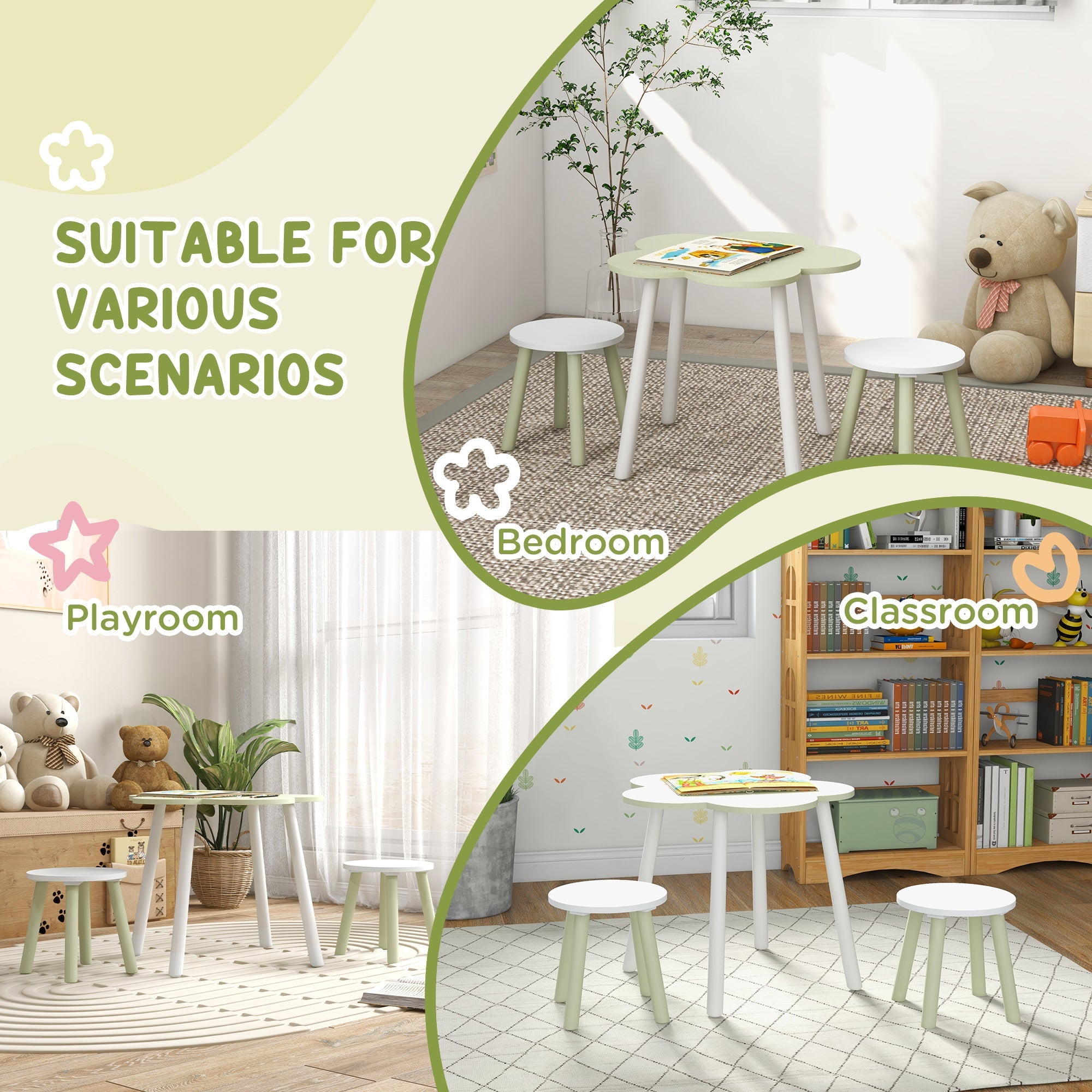 Set Tavolino e 2 Sedie per Bambini con Design a Fiori  in MDF e Legno di Pino Giallo e Bianco