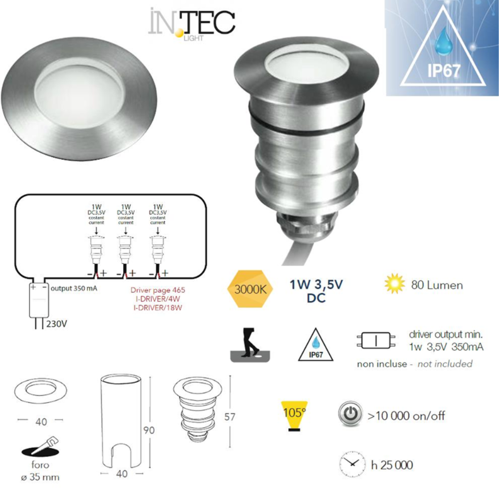 Segnapasso grigio led incasso tondo pavimento 1w luce bianco calda 3000k 12 volt