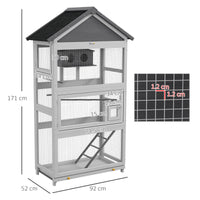 Voliera per Uccellini a 3 Porte con Casetta e Vassoio 92x52x171 cm in Legno e Metallo Grigia e Nera