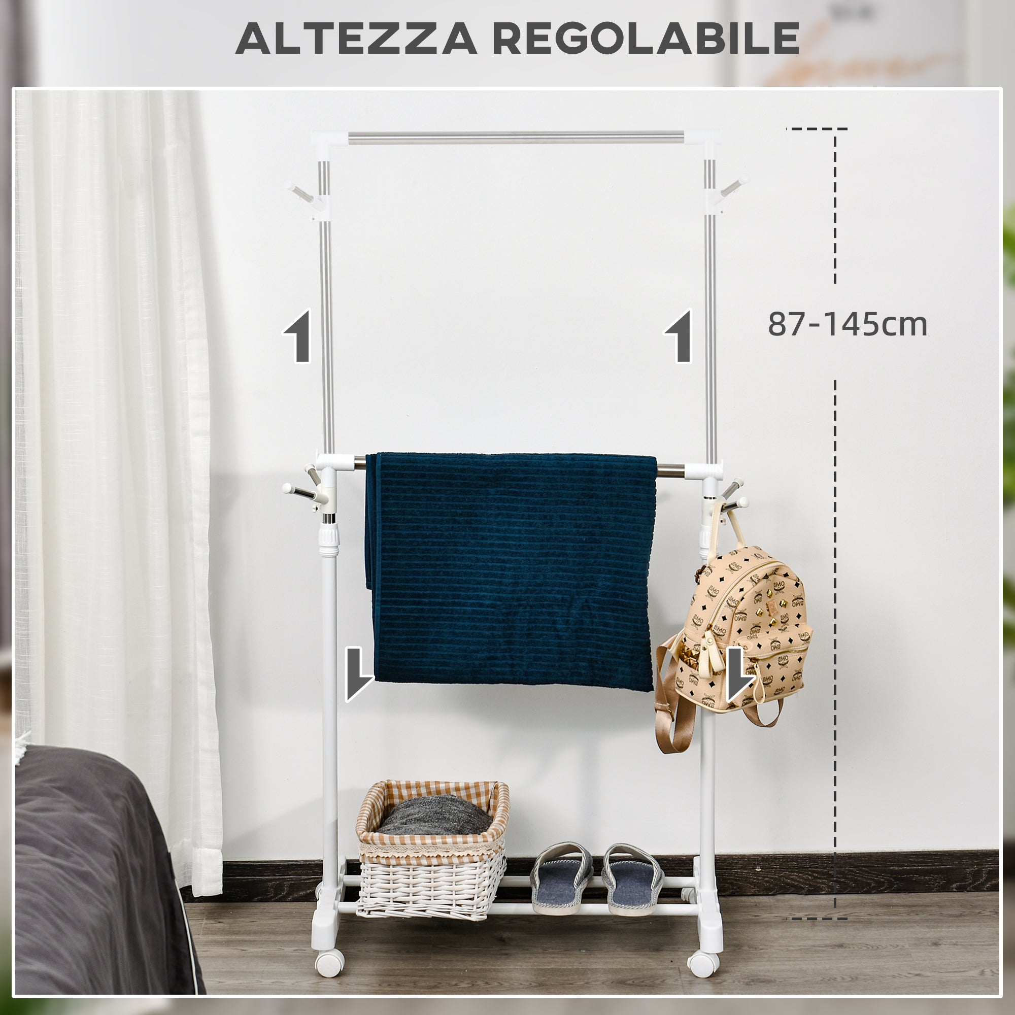 Stender Porta Abiti ad Altezza Regolabile 68,5x42x87-145 cm con Fondo Portaoggetti Argento e Bianco