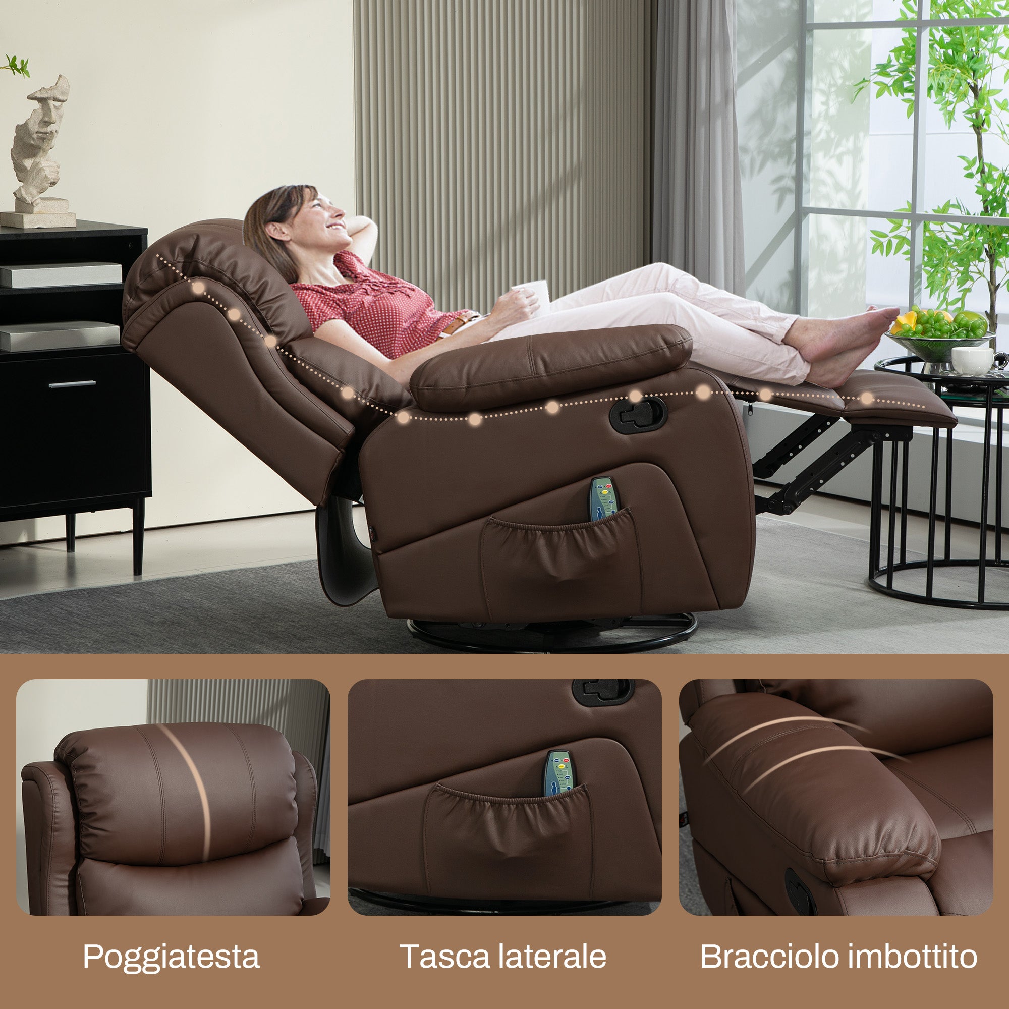 Poltrona Relax Massaggiante 97x92X104 cm Reclinabile e Riscaldante con 8 Punti Massaggianti Marrone