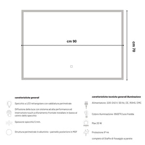 Ogomondo specchio 5 mm rettangolare squadrato cornice led interruttore touch *** misure 90x70 cm, tonalità dimmerabi...