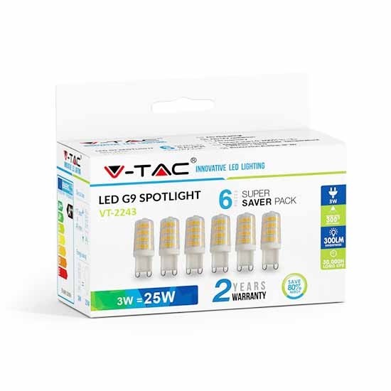 V-TAC KIT 6 PEZZI LAMPADINE LED 3W ATTACCO G9 BIANCO CALDO 3000K VT-2243