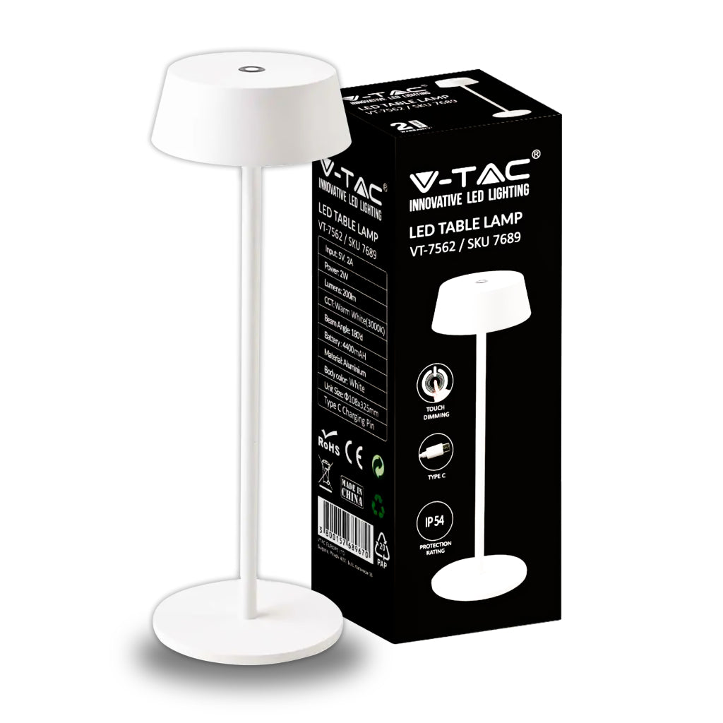 V-TAC Lampada LED da Tavolo 2W Colore Bianco in Alluminio ricaricabile con USB C Touch Dimmerabile 3000K SKU 7689