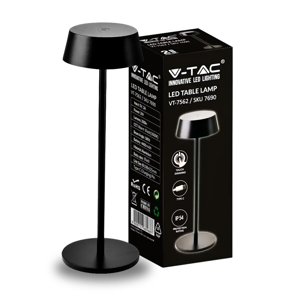 V-TAC Lampada LED da Tavolo 2W Colore Nero in Alluminio ricaricabile con USB C Touch Dimmerabile 3000K SKU 7690