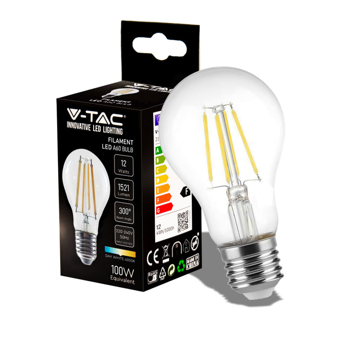 V-TAC Lampadina LED E27 12W 125LM/W A70 Filamento 4000K SKU 217459