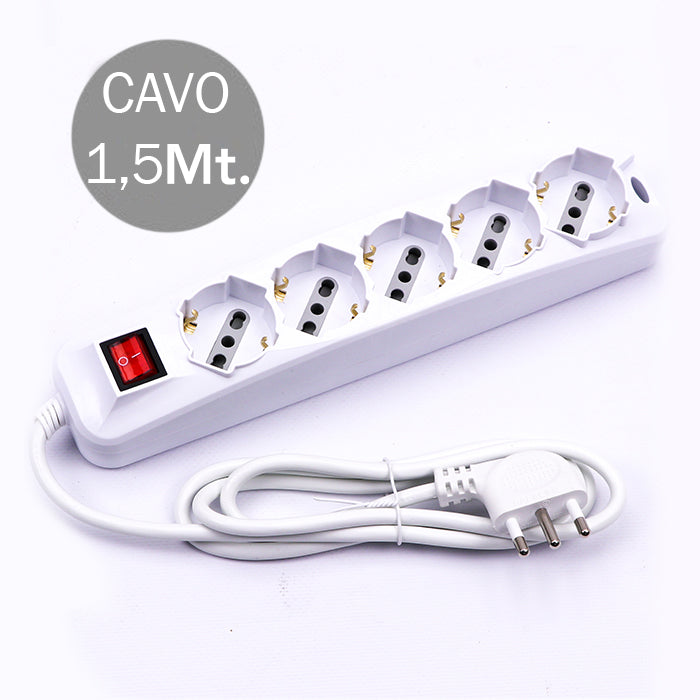 V-TAC Multipresa con Cavo 1,5mt 5 Prese 10/16A 2P+T Bipasso + Shuko Interruttore Luminoso Spina 16A 2P+T Colore Bianco - SKU 8712