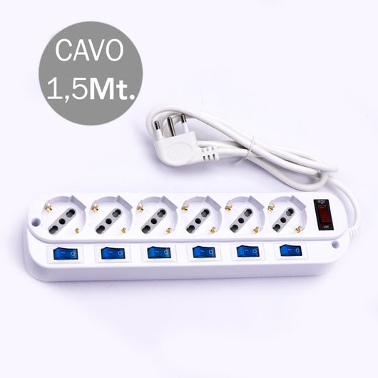 V-TAC Multipresa con Cavo 1,5mt 6 Prese 10/16A 2P+T Bipasso + Shuko a 45° Interruttore Generico 6 Singoli Spina 16A 2P+T SKU 8739