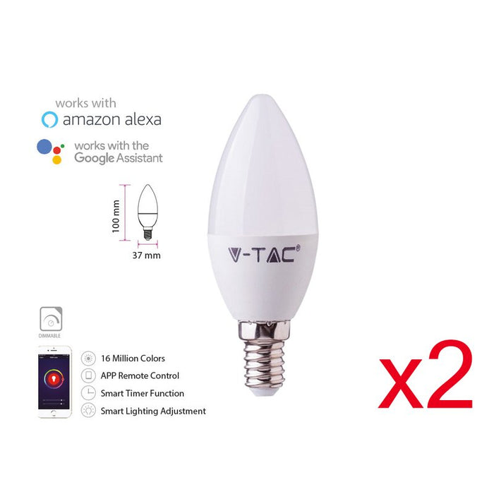 V-TAC Smart Lampada Led Candela E14 C37 4,5W WiFi RGB CCT Dimmerabile APP Compatible Amazon Alexa Google Home SKU-2754