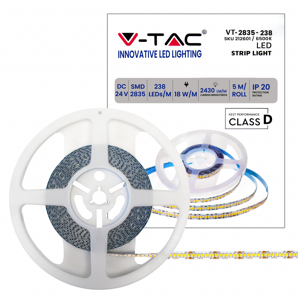 V-TAC Strip LED SMD2835 18W/m 5m 238 LED/m 135LM/W 24V 6500K IP20 10mm SKU 212601