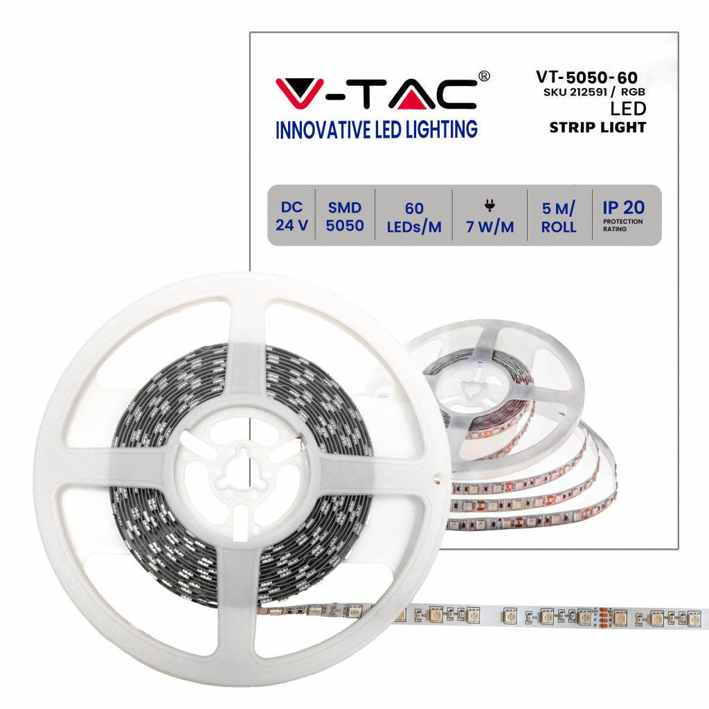 V-TAC Striscia Strip LED Multicolore SMD5050 7W/m 5m 60 LED/m 24V RGB IP20 10mm SKU 212591