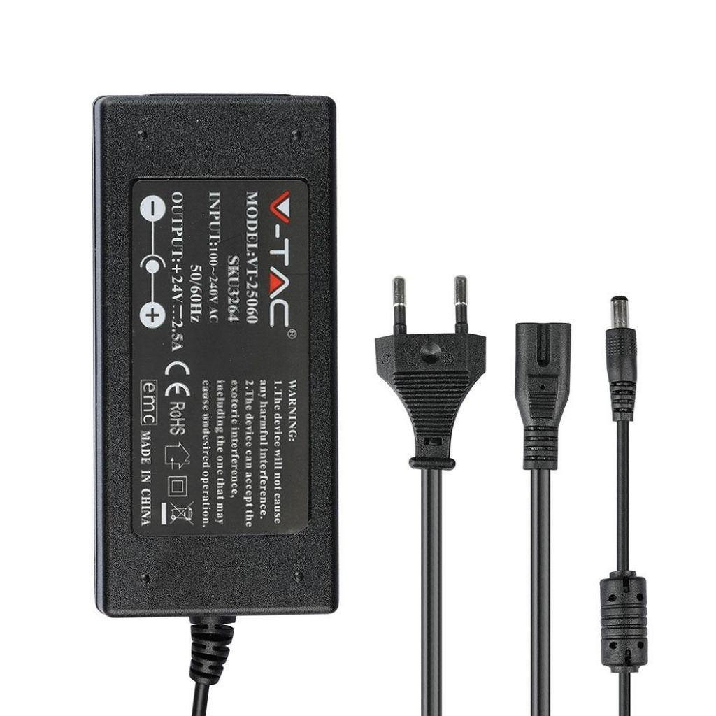 V-TAC VT-25060 Alimentatore in Plastica 60W 24V 25A Plug&Play con Jack 2,1 Colore Nero IP44 SKU 3264