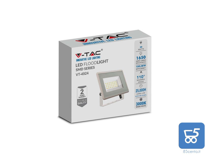 V-Tac Faro Proiettore LED SMD 20W Ultra Sottile Esterno Colore Bianco Naturale 4000K VT-4924