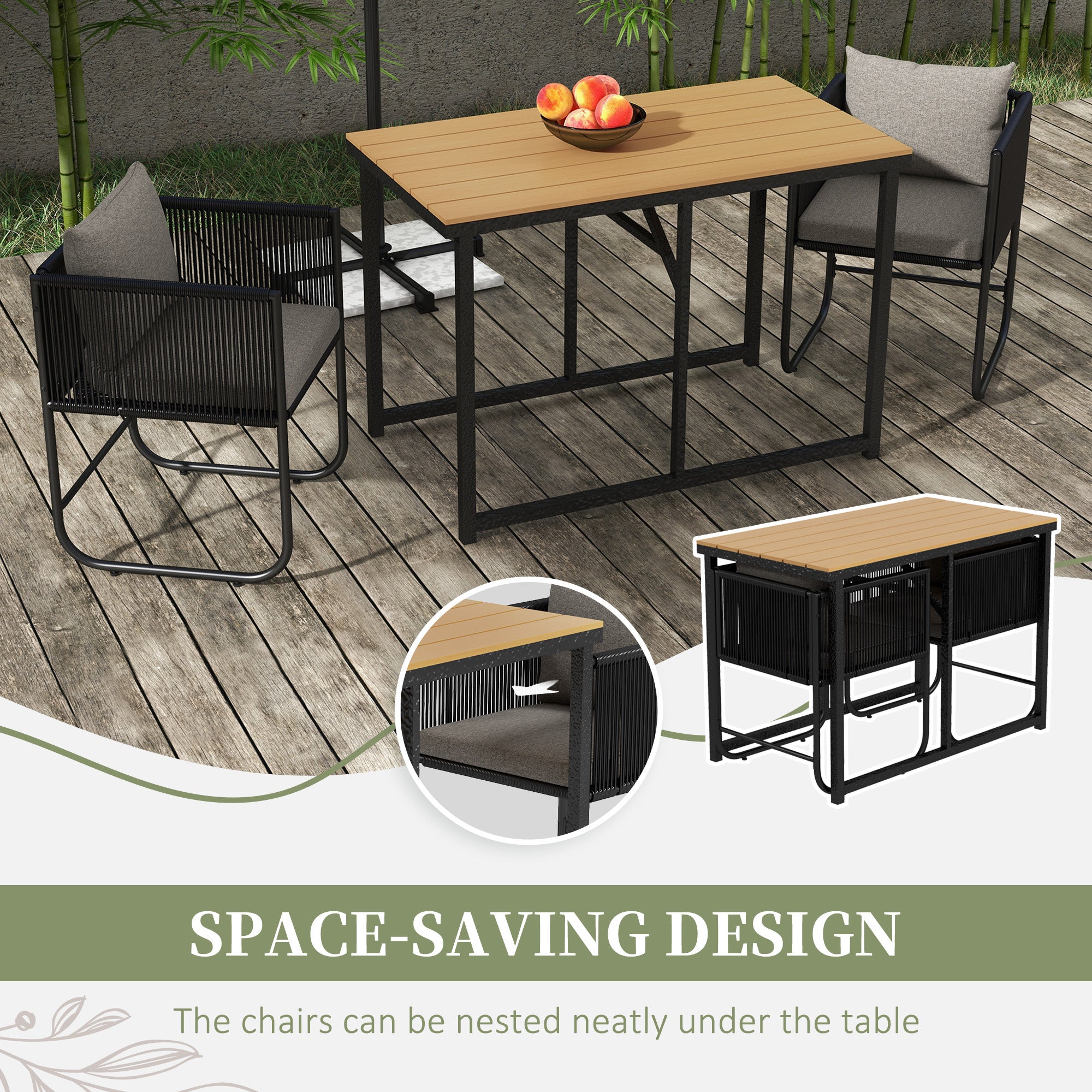 Set Tavolo e 2 Sedie da Giardino in Rattan e Legno Composito