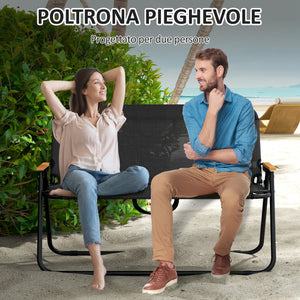 Sedia Panchina da Campeggio 2 Posti Pieghevole 108x65x73cm in Acciaio e tessuto Oxford Nero