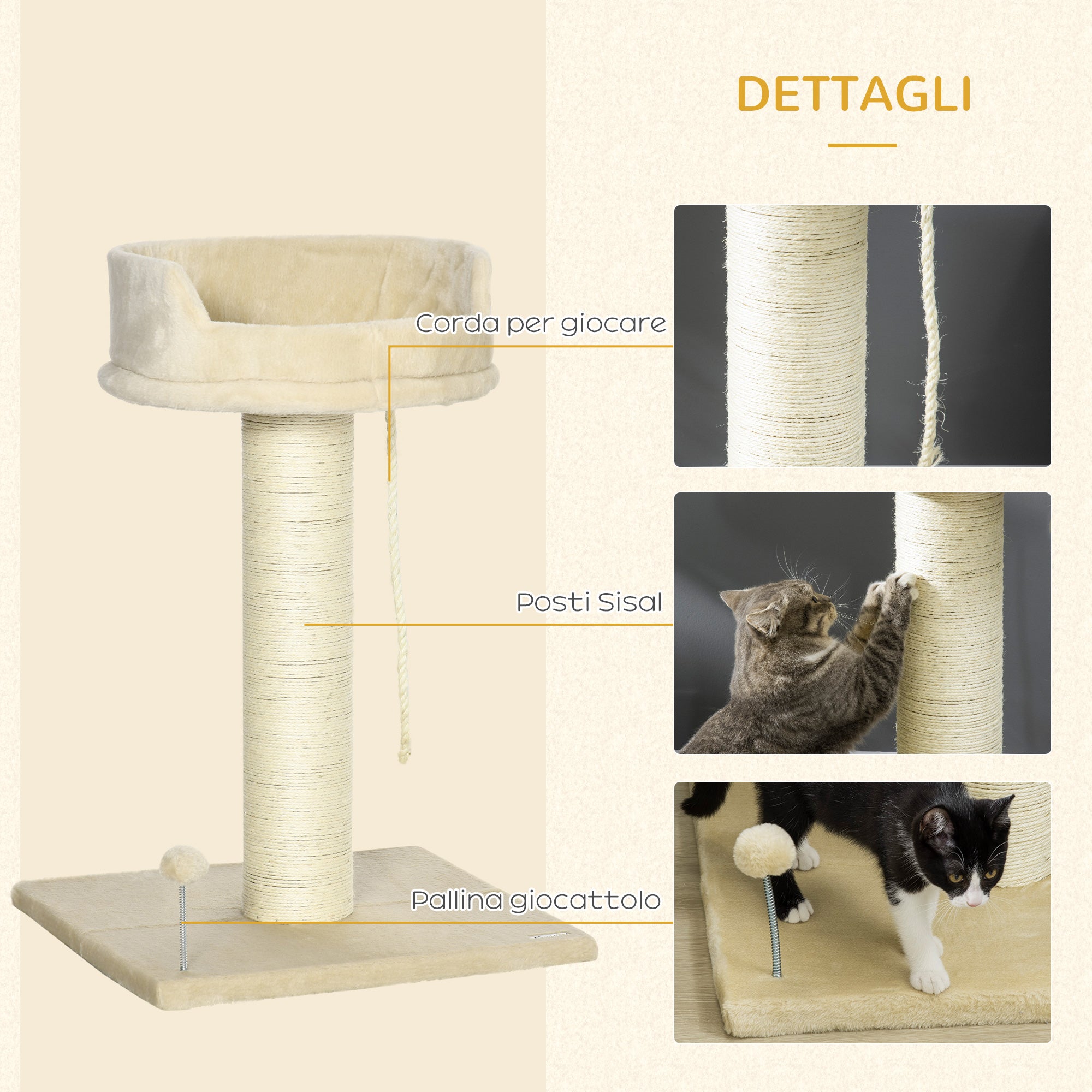 Albero Tiragraffi per Gatti 55x55x83 cm con Lettino e Pallina in Peluche e Sisal Beige