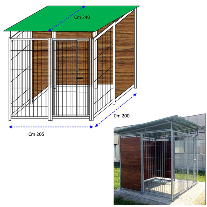 Recinto per cani 2x2 metri zincatura a caldo con copertura retro & 1 metro laterale in legno