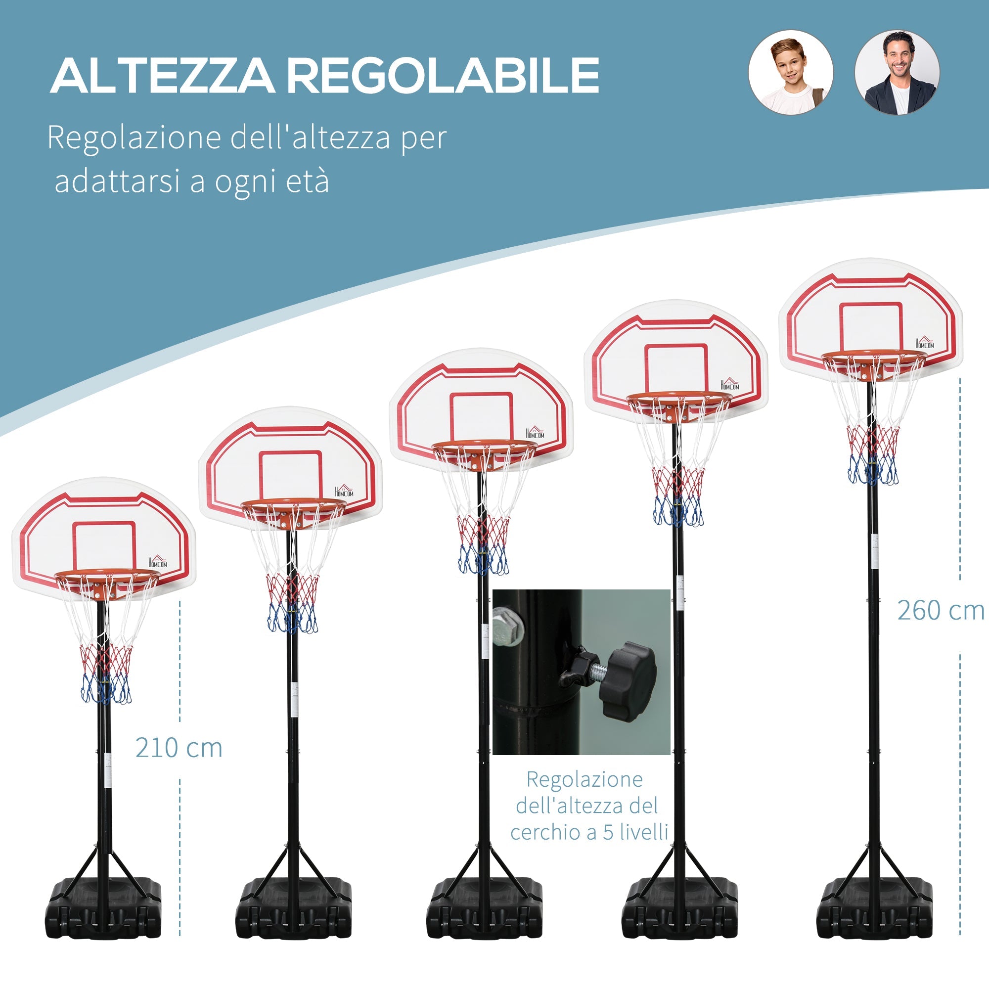 Canestro da Basket ad Altezza Regolabile 210-260 cm con Base Riempibile e 2 Ruote