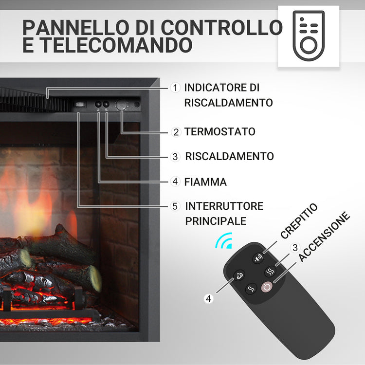 Camino elettrico a incasso Calida 23"| Fiamma 3D, riscaldamento 2000W, crepitio | Telecomando & Termostato | Nero