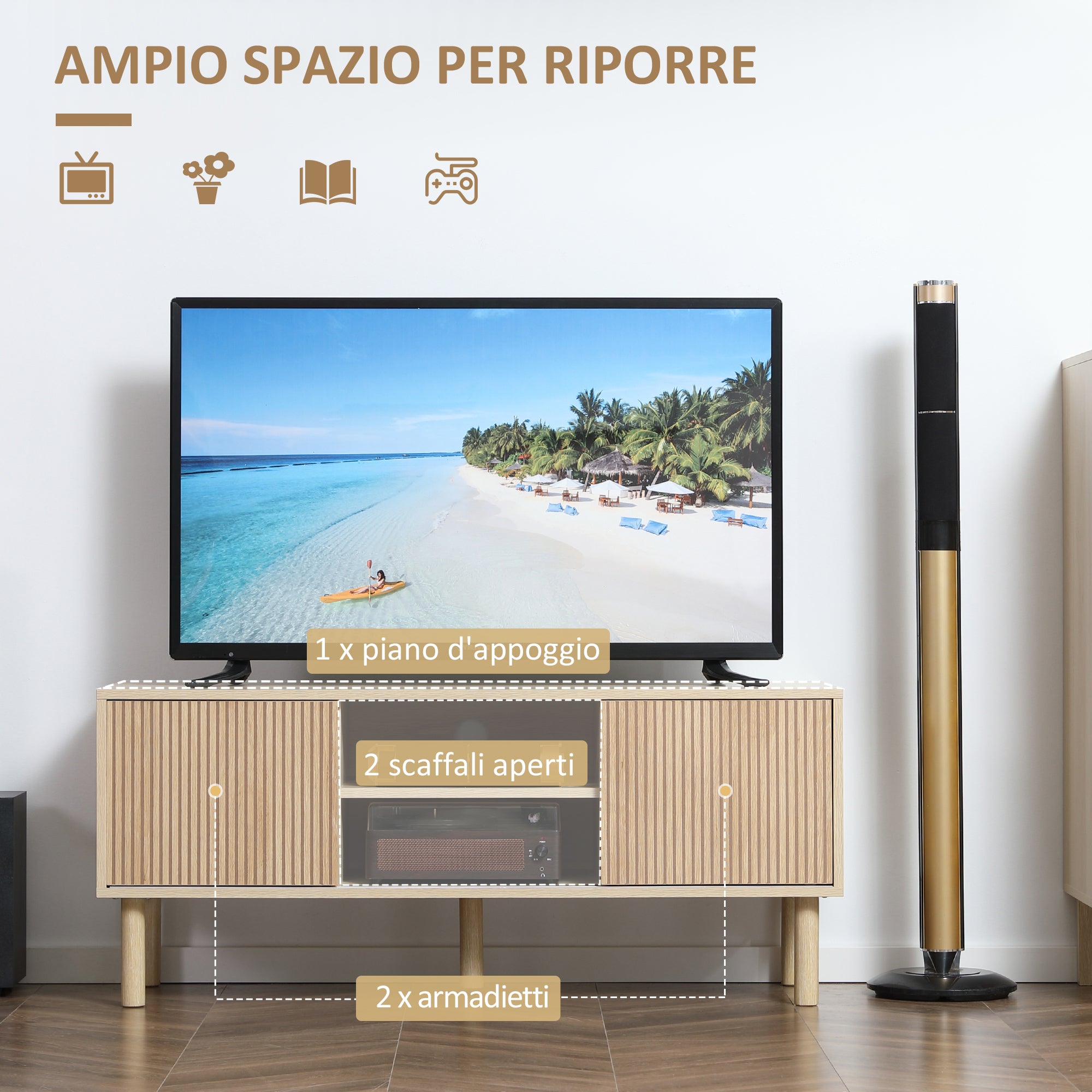 Mobile Porta TV fino a 50" Anta Scorrevole 115x40x49 cm con Vani Aperti e Armadietti Naturale