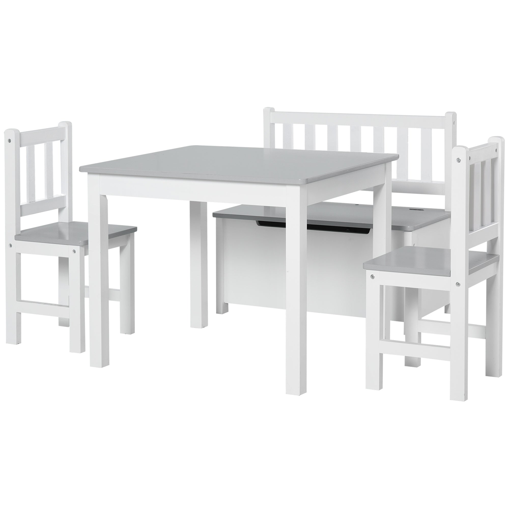 Set Tavolo per Bambini con 2 Sedie e Cassapanca in Legno per Cameretta Bianco e Grigio