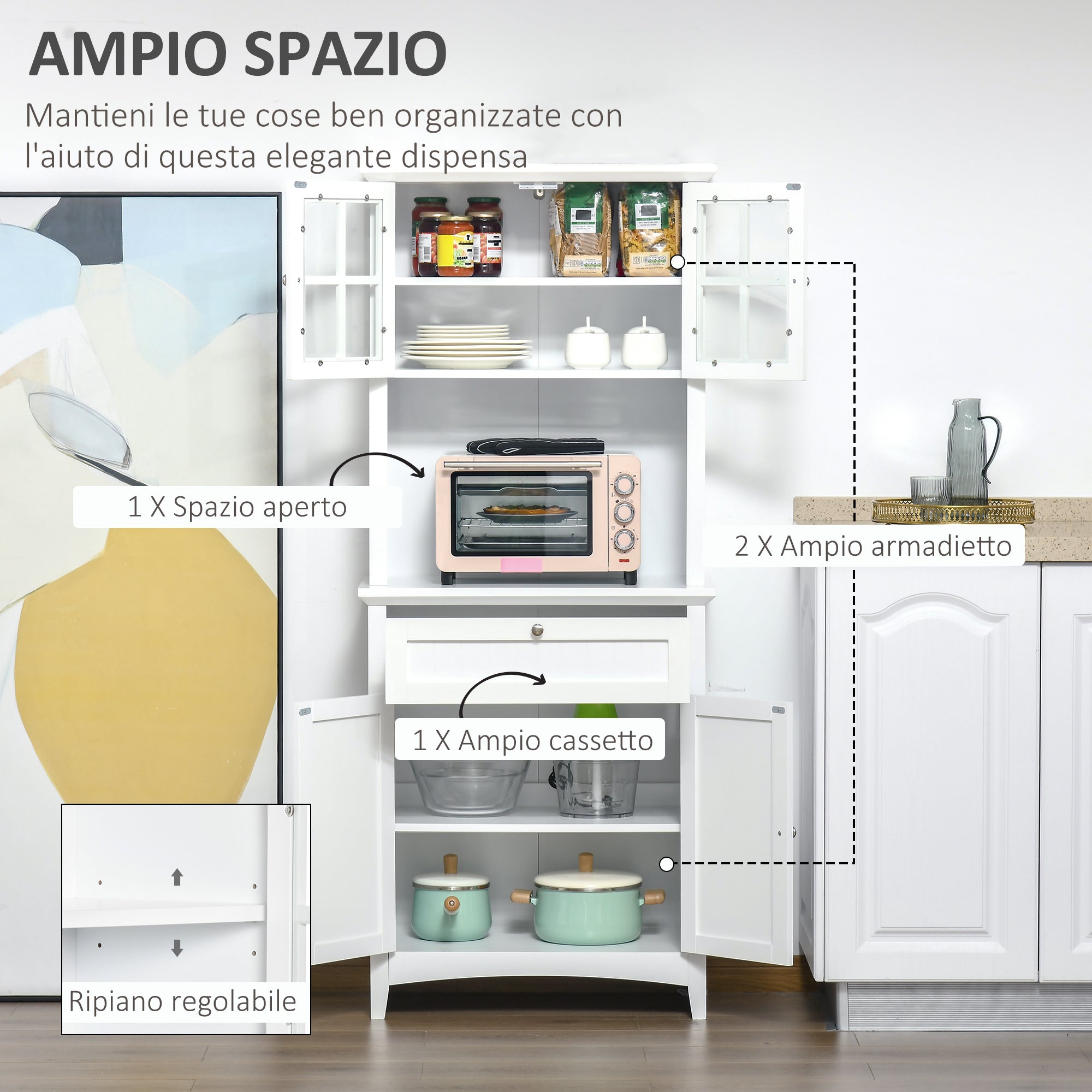 Mobile Dispensa Alto 4 Ante 1 Cassetto 68,6x40x164 cm in MDF Bianco