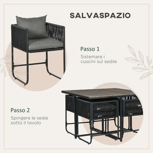 Set Tavolo e 4 Sedie da Giardino con Cuscini in Rattan PE e Acciaio Nero e Grigio