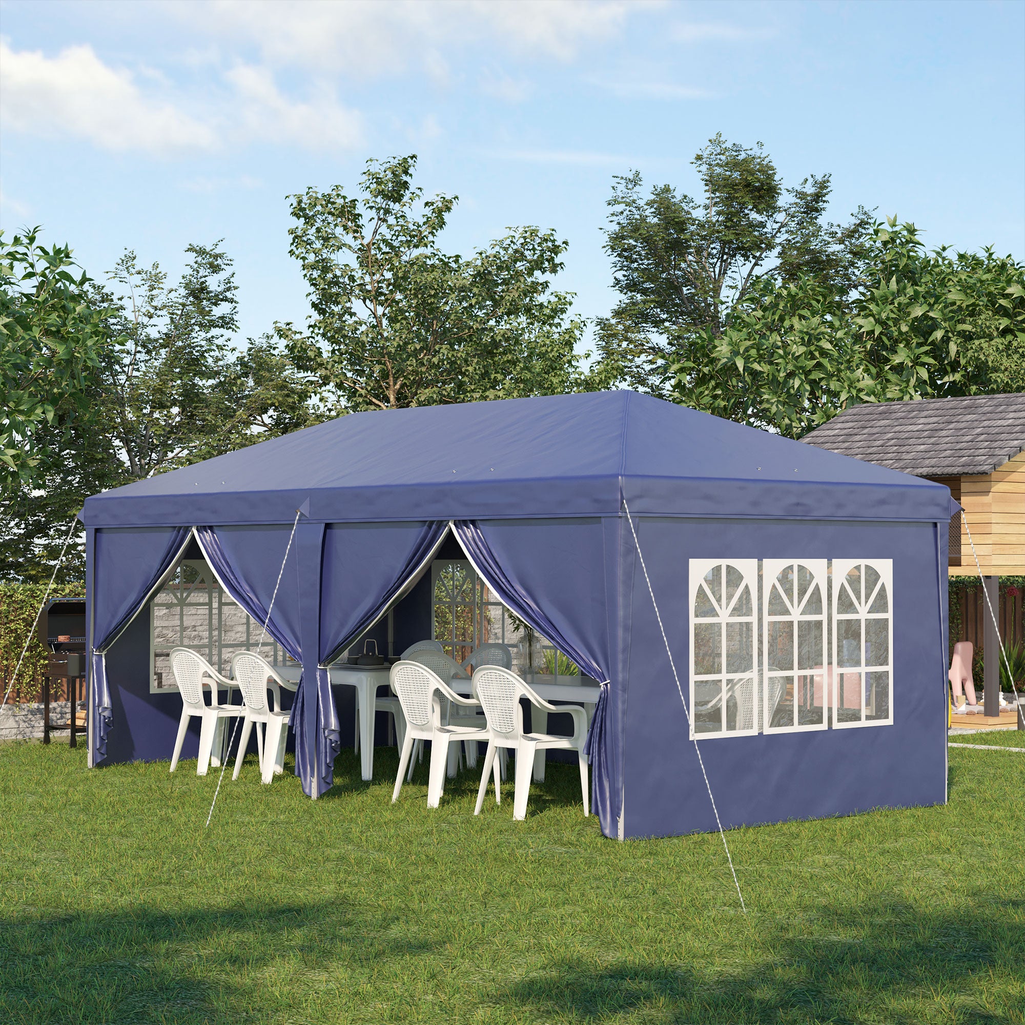 Gazebo Pieghevole da Giardino 5,85x2,95m in Acciaio e Tessuto Oxford Blu