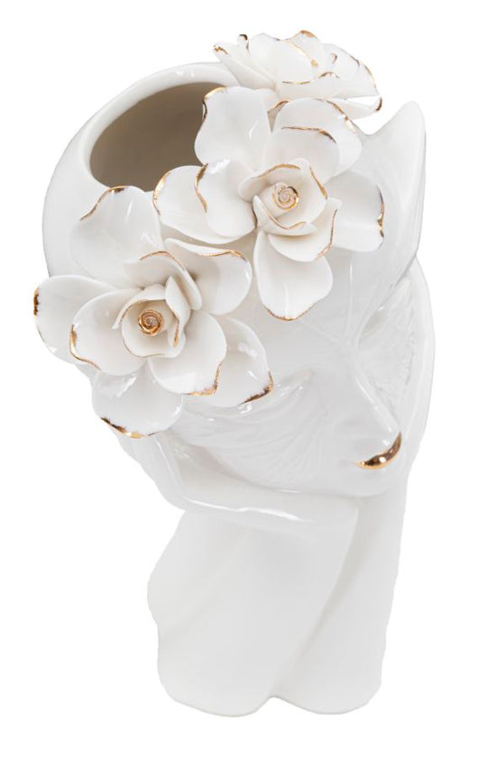 Vaso in ceramica bianca con decori oro 16,5x14x27,3cm Woman Mask