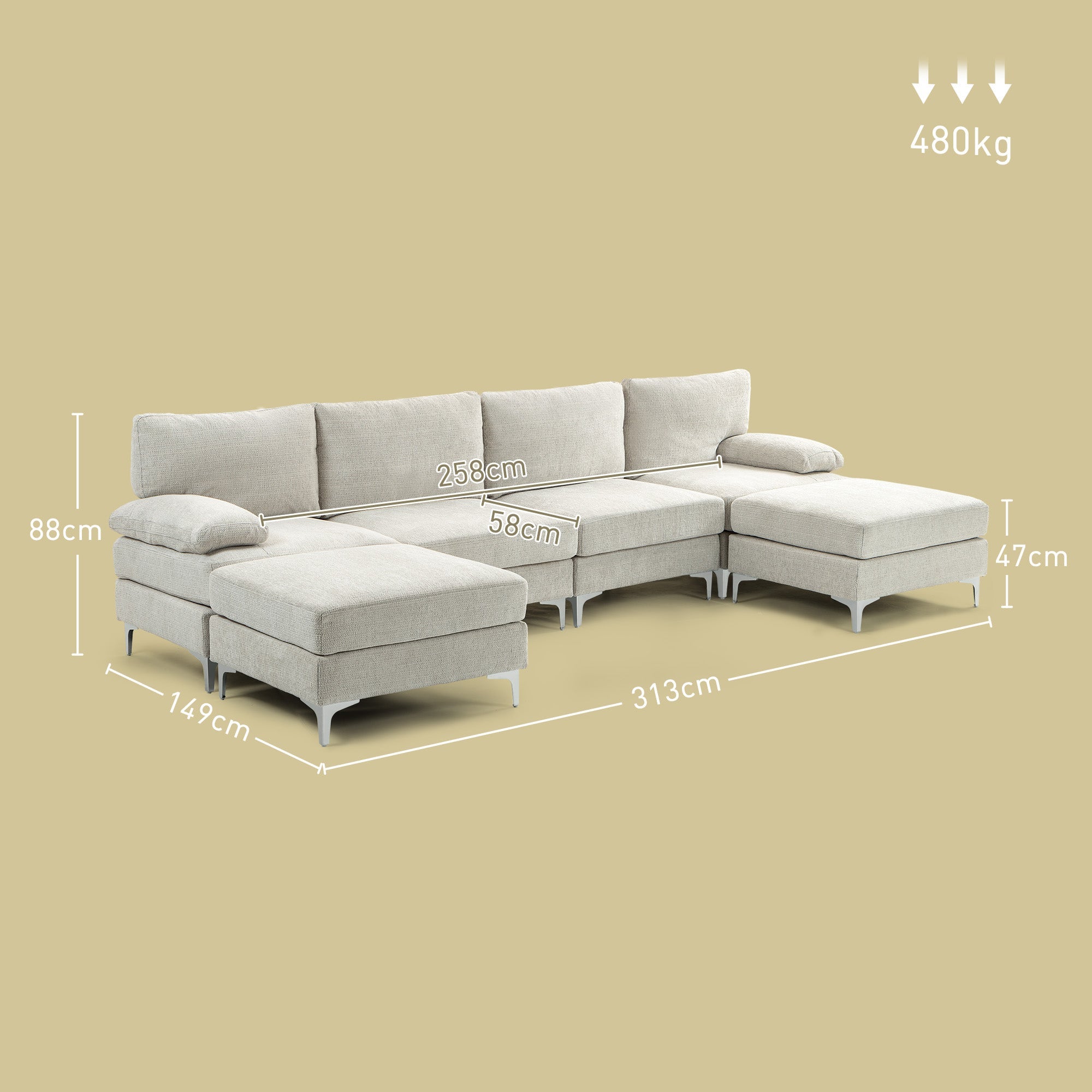 Divano 4 Posti Componibile Modulare 313x149x88 cm in Tessuto effetto Ciniglia Bianco Crema