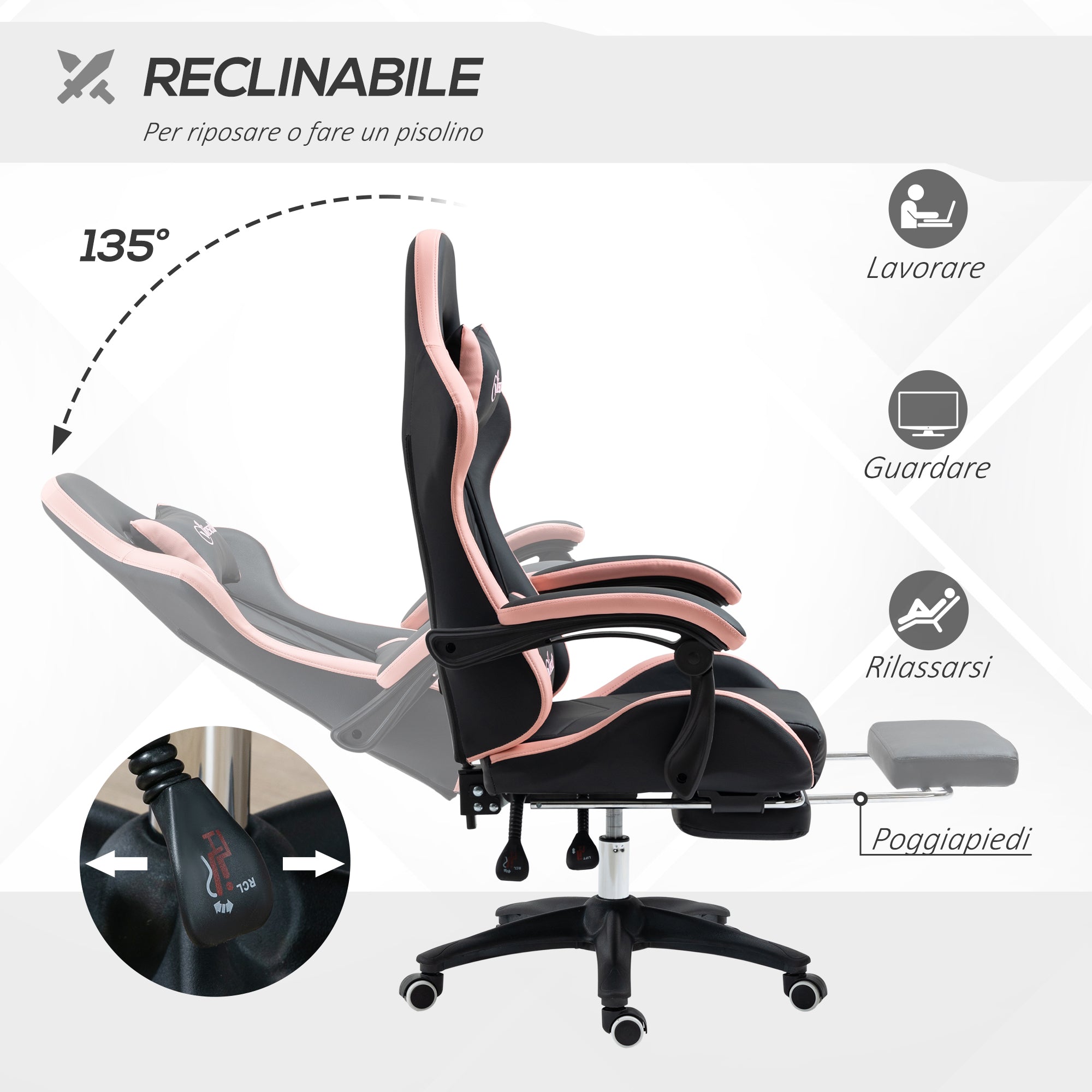 Sedia da Gaming Ergonomica 65x65x121-129 cm in Similpelle Rosa e Nero