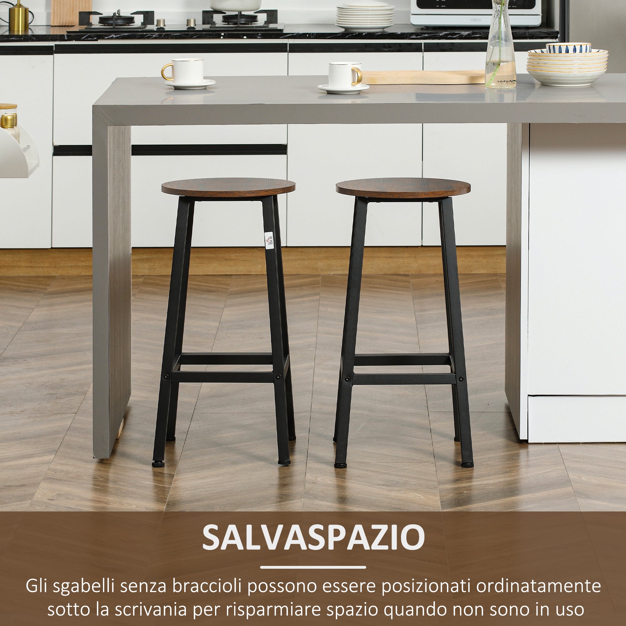 Set 2 Sgabelli da Cucina 32,5x32,5x65 cm in Truciolato e Acciaio Marrone