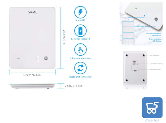 Vitafit Bilancia da Cucina Digitale 10kg Bilancia per Alimenti Multifunzione con Display a LED Piattaforma in Vetro Temperato Batterie Incluse