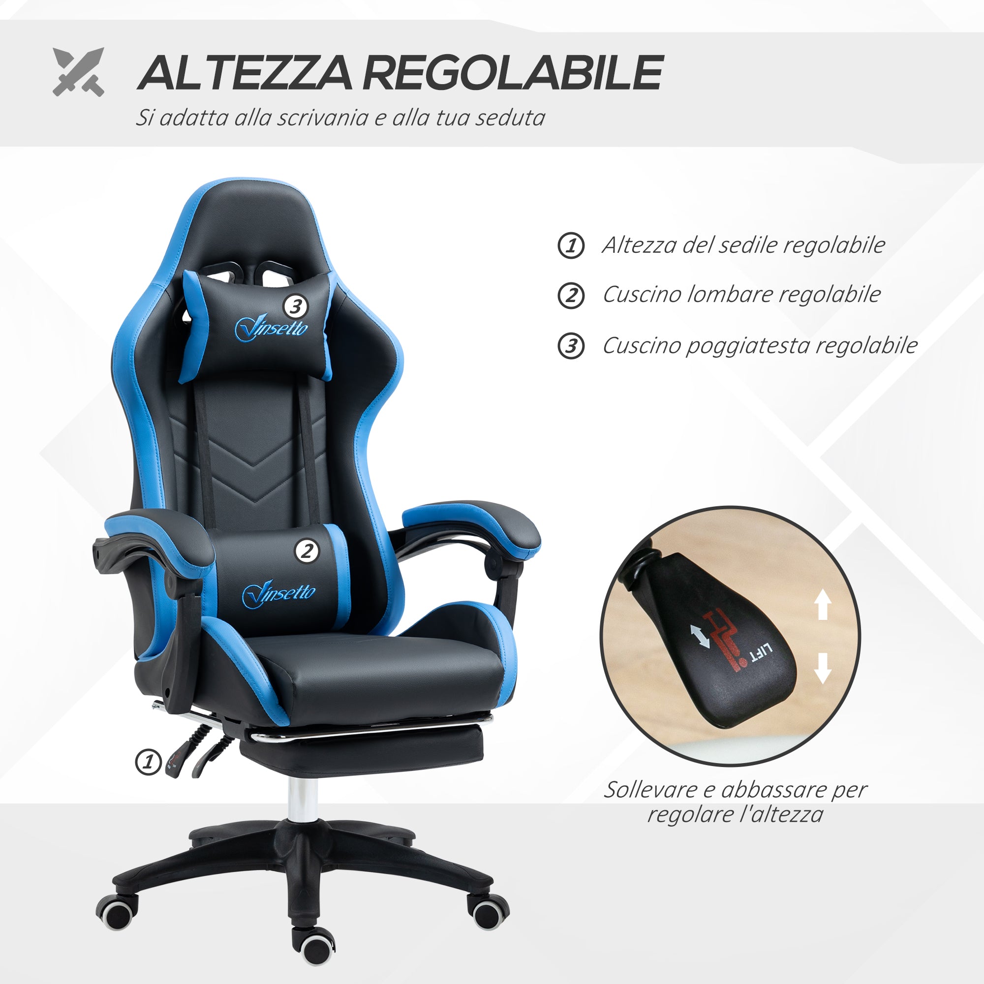 Sedia da Gaming Ergonomica 65x65x121-129 cm in Similpelle Blu e Nero