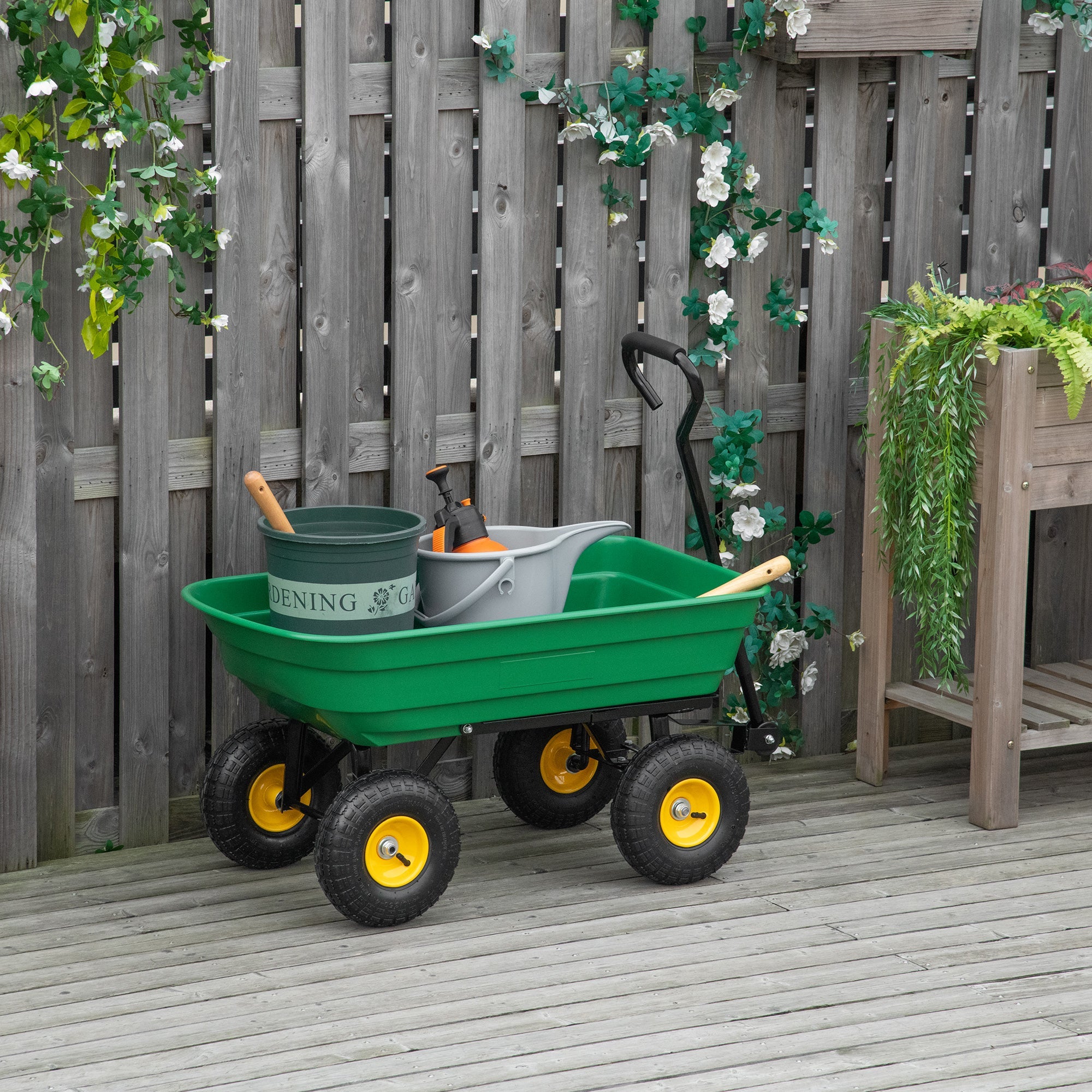 Carrello da Giardino Ribaltabile 4 Ruote 109x52x94 cm 75 Litri Verde